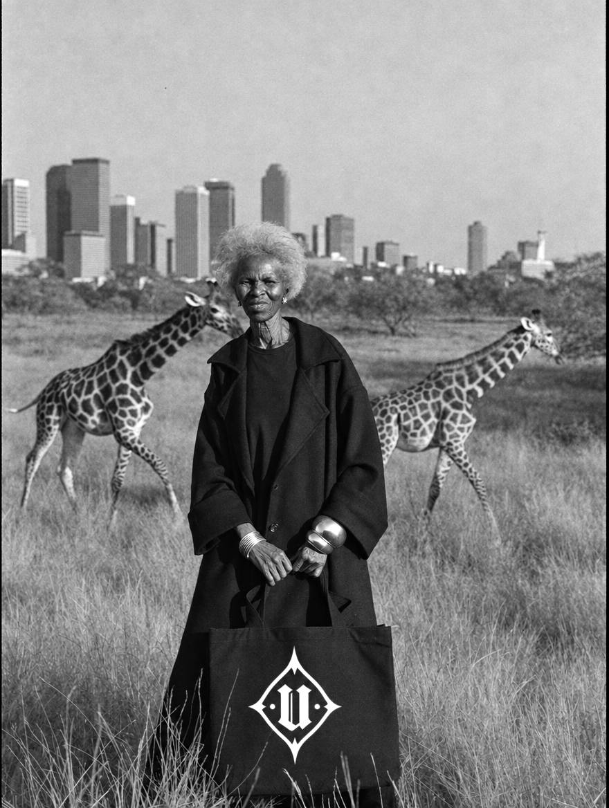 An elder woman with the Umunne tote, giraffes and the Nairobi skyline behind her